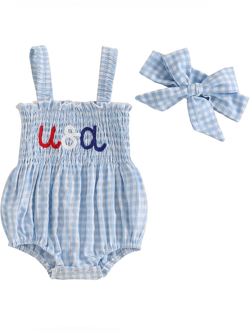 Blue Gingham Baby Romper with 'USA' Embroidery & Matching Bow